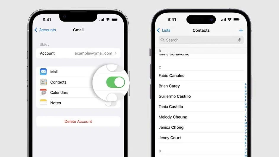 Twee iPhone-schermen tonen instellingen: Gmail-account met groene schakelaar, en een contactenlijst.