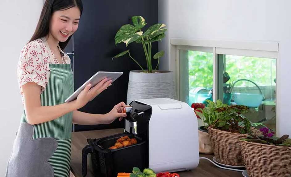 Air fryer on counter with vegetables, basket, and plant near a window.