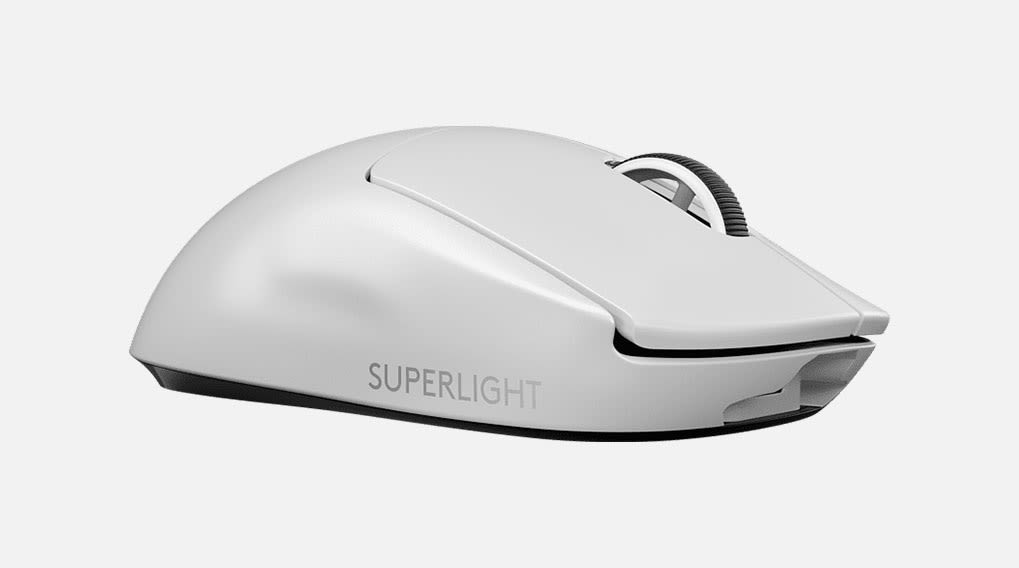 Een witte, draadloze computermuis met de tekst "SUPERLIGHT" op een witte achtergrond.