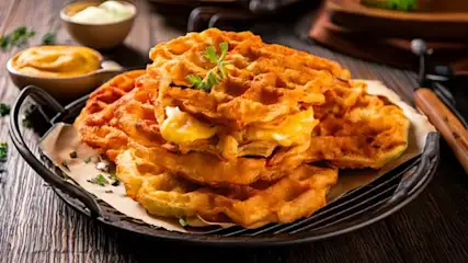 Een stapel goudbruine wafels op een zwart metalen bord, met twee kommen dips op een houten tafel.