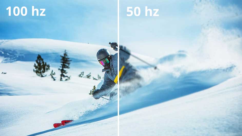 Split screen shows a skier on a snowy slope, labeled '100 hz' on the left, clearer, and '50 hz' on the right, more blurred.