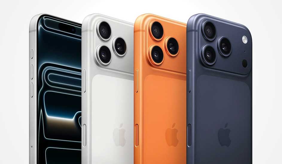 Vier Apple iPhones in zilver, wit, oranje en blauw staan naast elkaar, met drie grote cameralenzen en het Apple-logo op de achterkant.