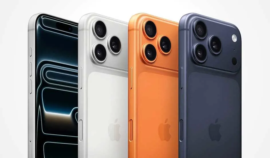 Vier Apple iPhones in zilver, wit, oranje en blauw staan naast elkaar, met drie grote cameralenzen en het Apple-logo op de achterkant.