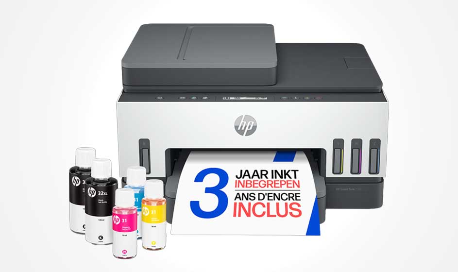 An HP printer with a scanner stands against a white background, displaying a sheet advertising three years of included ink. Bottles sit beside it.