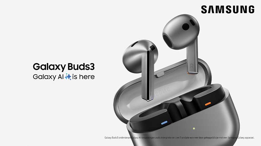 Écouteurs gris Galaxy Buds3 avec étui ouvert, montrant des indicateurs lumineux bleu et orange. Logo Samsung en haut.