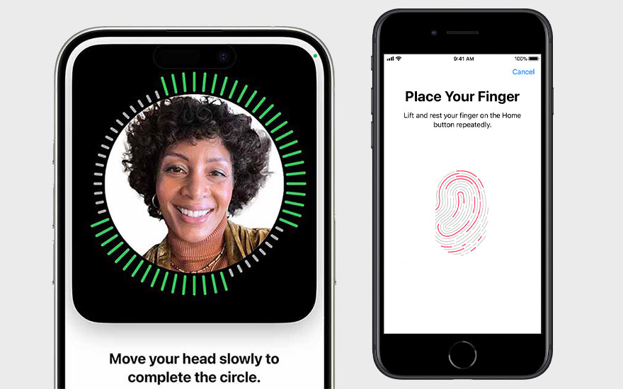Twee iPhones: één met gezichtsherkenning, omgeven door een groene cirkel, en één met een vingerafdrukscan.