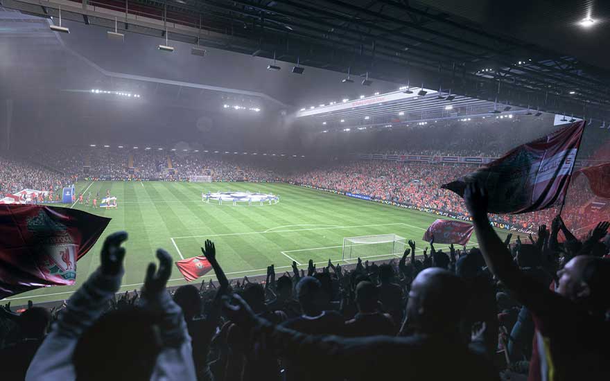 Un grand stade brille sous les projecteurs pendant que les supporters agitent des drapeaux et que la cérémonie débute.