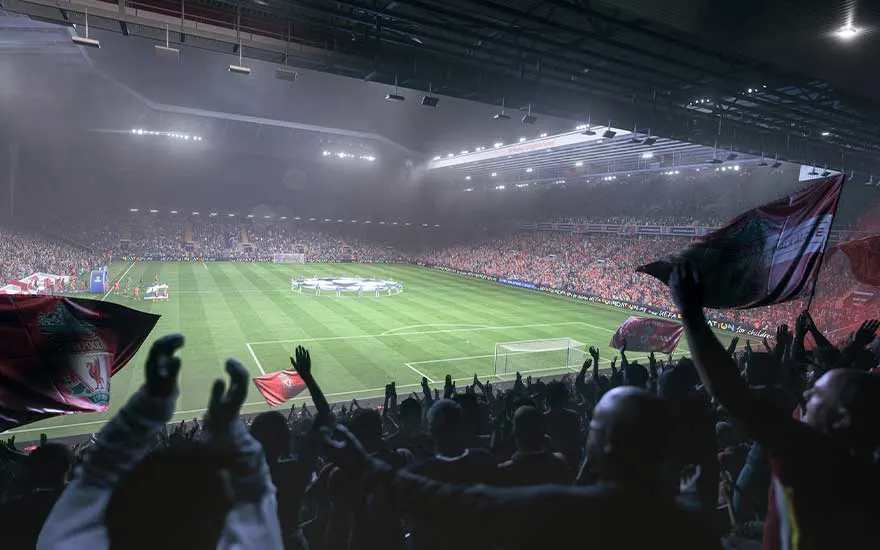 Un grand stade brille sous les projecteurs pendant que les supporters agitent des drapeaux et que la cérémonie débute.