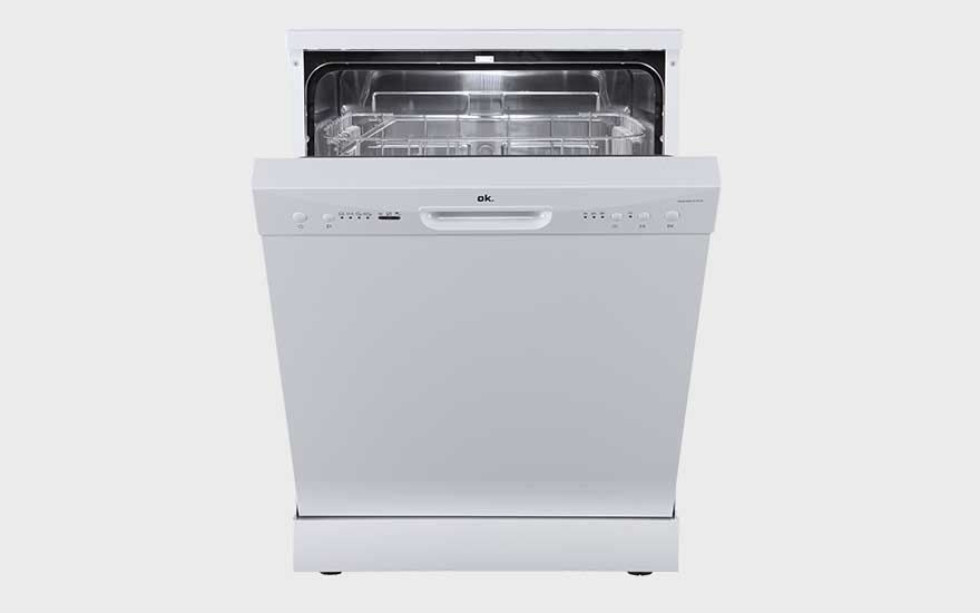 A freestanding white dishwasher by ok., half-open with simple controls and a spacious, empty interior for lots of dishes.