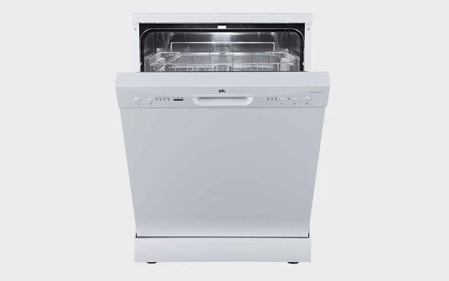 A freestanding white dishwasher by ok., half-open with simple controls and a spacious, empty interior for lots of dishes.