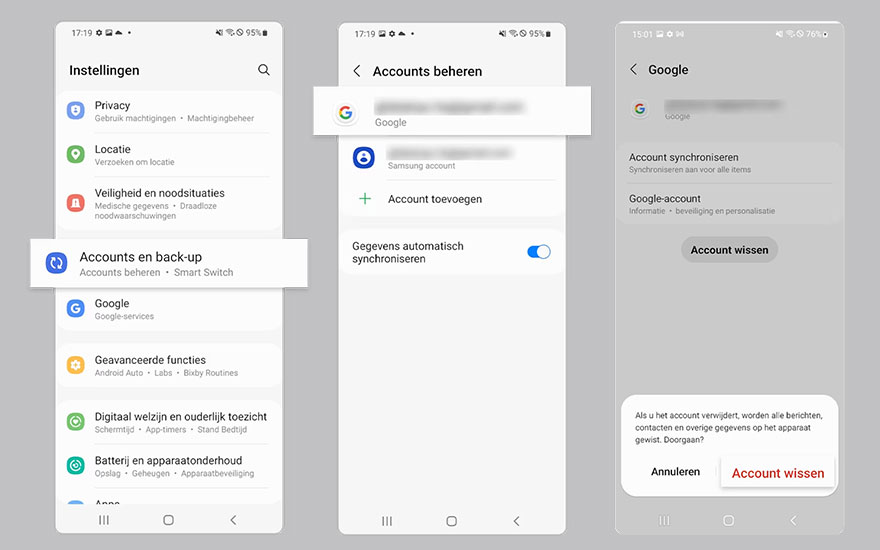 Drie schermen tonen instellingen voor accountbeheer op een telefoon. Opties omvatten privacy, locatie en Google-account verwijderen.