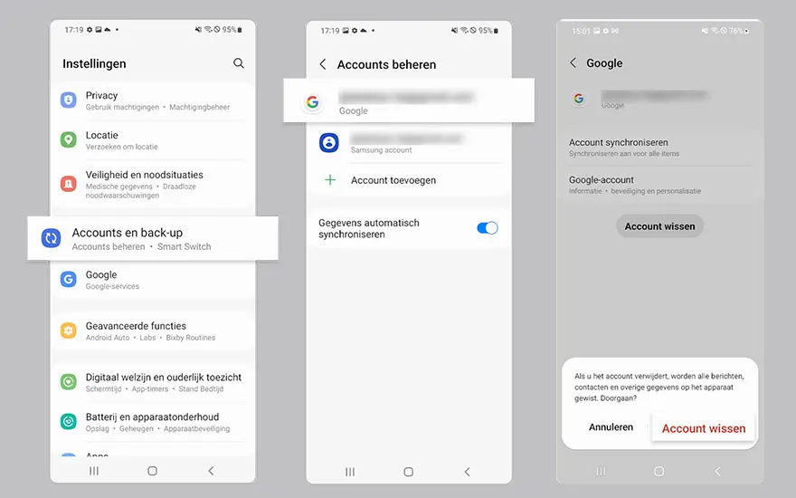 Drie schermen tonen instellingen voor accountbeheer op een telefoon. Opties omvatten privacy, locatie en Google-account verwijderen.