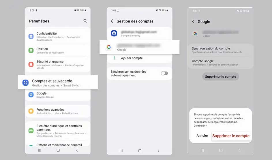 Trois écrans de smartphone affichent les paramètres de compte Google, y compris la suppression du compte.