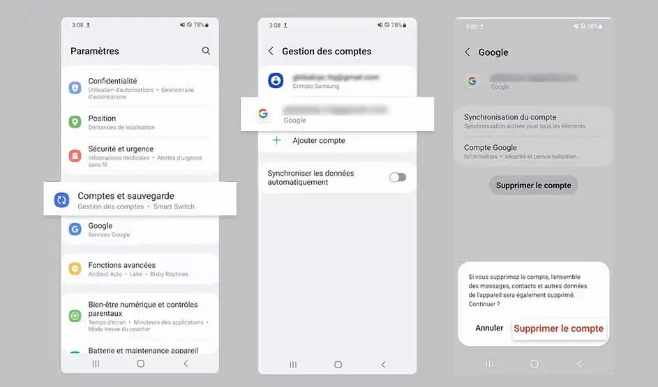 Trois écrans de smartphone affichent les paramètres de compte Google, y compris la suppression du compte.
