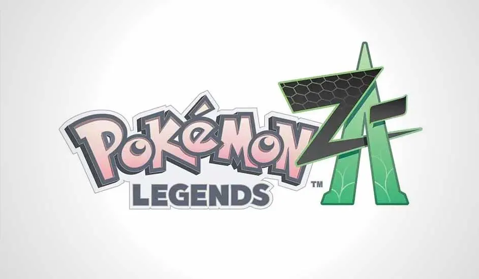 Logo "Pokémon Legends Z-A" op witte achtergrond. Roze "Pokémon" en grijze "Legends", met groen en zwart "Z-A" rechts.