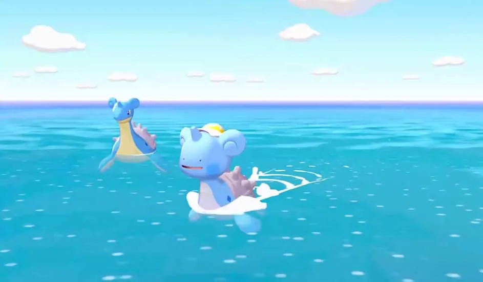 Twee blauwe Lapras-achtige Pokémon dobberen rustig op een glinsterende zee onder een heldere hemel met zachte wolkjes.