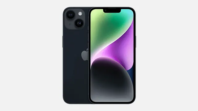 Twee iPhones staan naast elkaar op een witte achtergrond. De scherm van de voorste toont abstracte groene en paarse vormen.