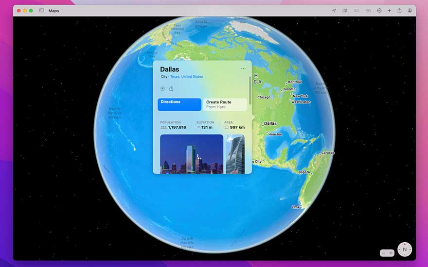 Globe bleu et vert affichant l'application Maps avec des informations sur Dallas, Texas, sur fond noir étoilé.