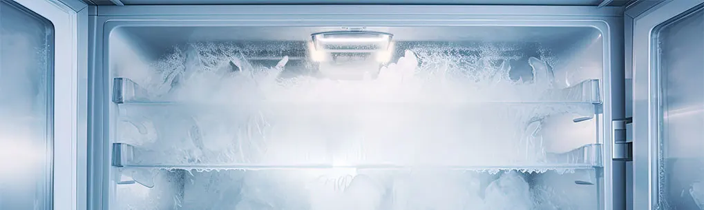 Un réfrigérateur bleu clair ouvert, avec des étagères et de la glace accumulée sur les parois intérieures.