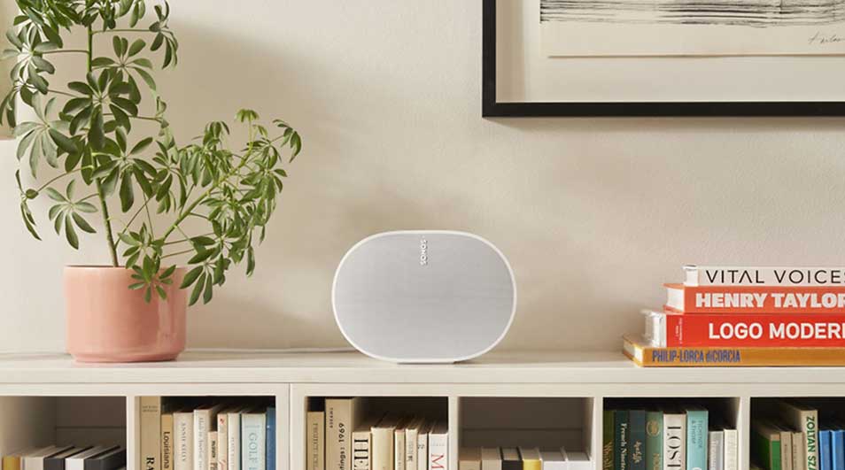 Witte kast met plant in roze pot, grijze Sonos speaker en stapel boeken. Bovenop boeken en een ingelijste tekening.