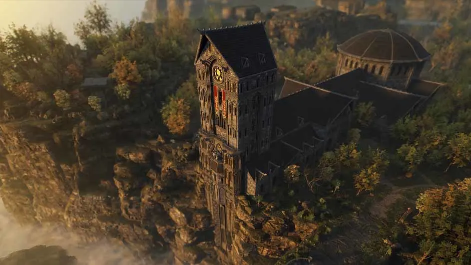 Une vue plongeante montre un bâtiment sombre avec une tour d'horloge, perché sur une falaise rocheuse au milieu des arbres.