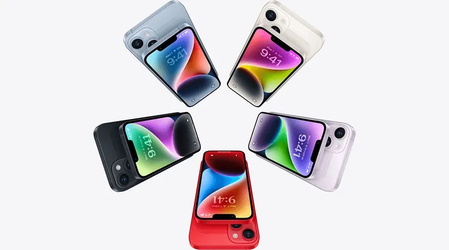 Cinq smartphones iPhone 14 en bleu, blanc, noir, violet et rouge, affichant l'heure 9:41 ou 14:6 sur fond clair.
