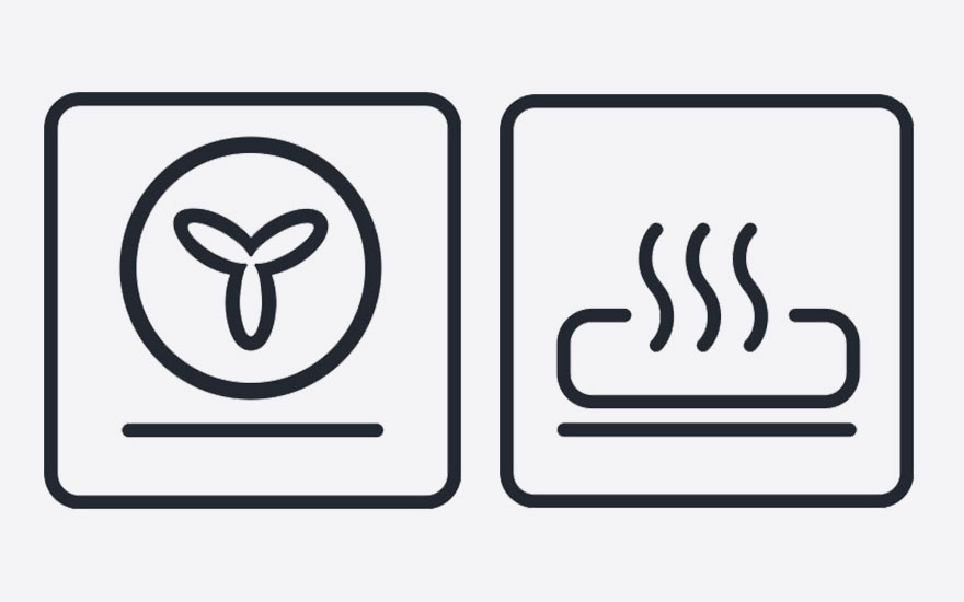 Twee pictogrammen in vierkante kaders: links een ventilator, rechts warmte boven een lijn.