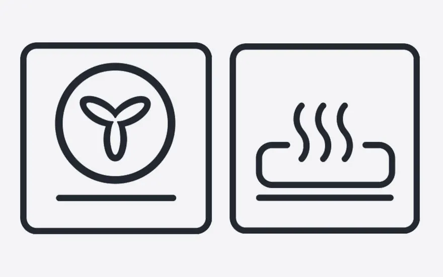 Twee pictogrammen in vierkante kaders: links een ventilator, rechts warmte boven een lijn.
