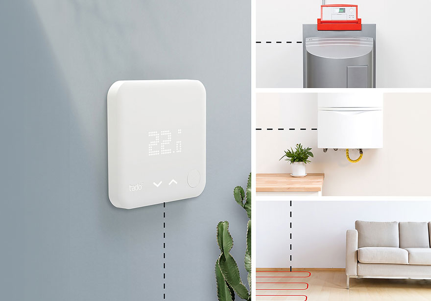 Witte thermostaat op grijze muur naast een cactus. Rechts: boiler, plant op plank en een sofa. Stippellijnen tonen de verbindingen.