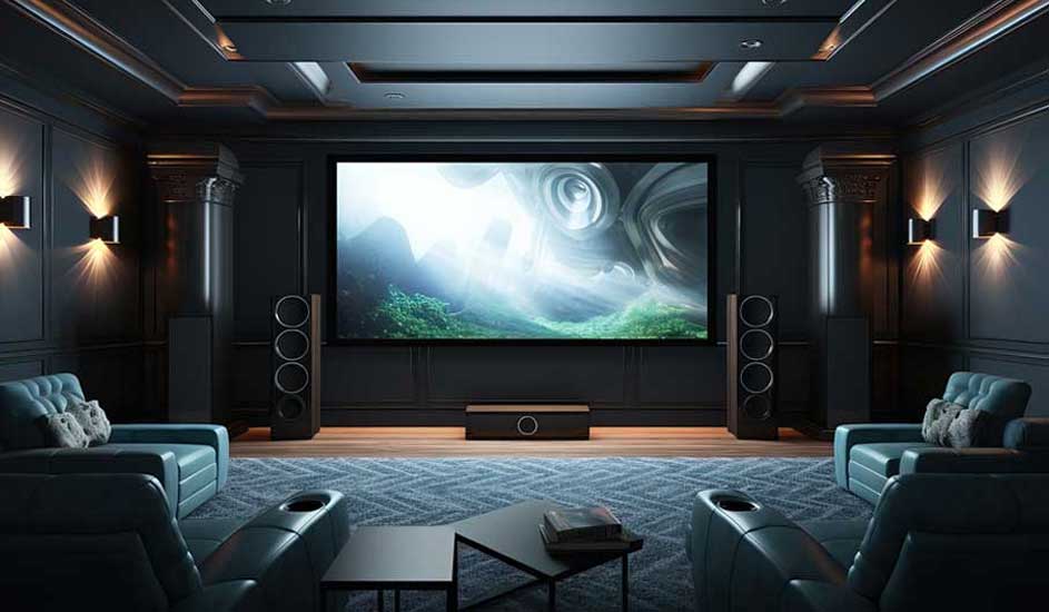 Donkere thuisbioscoop met grote projectiescherm, leren fauteuils, surroundspeakers en subtiele wandverlichting langs de panelen.
