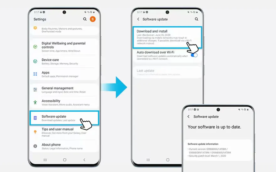 Trois écrans de smartphone affichent une mise à jour logicielle, avec une flèche bleue reliant les écrans. L'écran de droite montre "Votre logiciel est à jour".