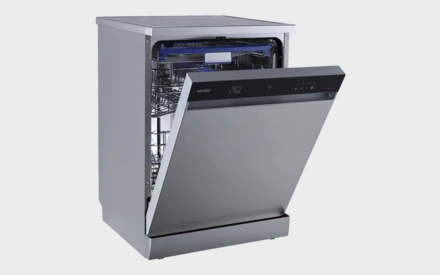 A silver Koenic dishwasher with the door half-open, modern LED display, robust and sleek design for stylish and modern kitchens.