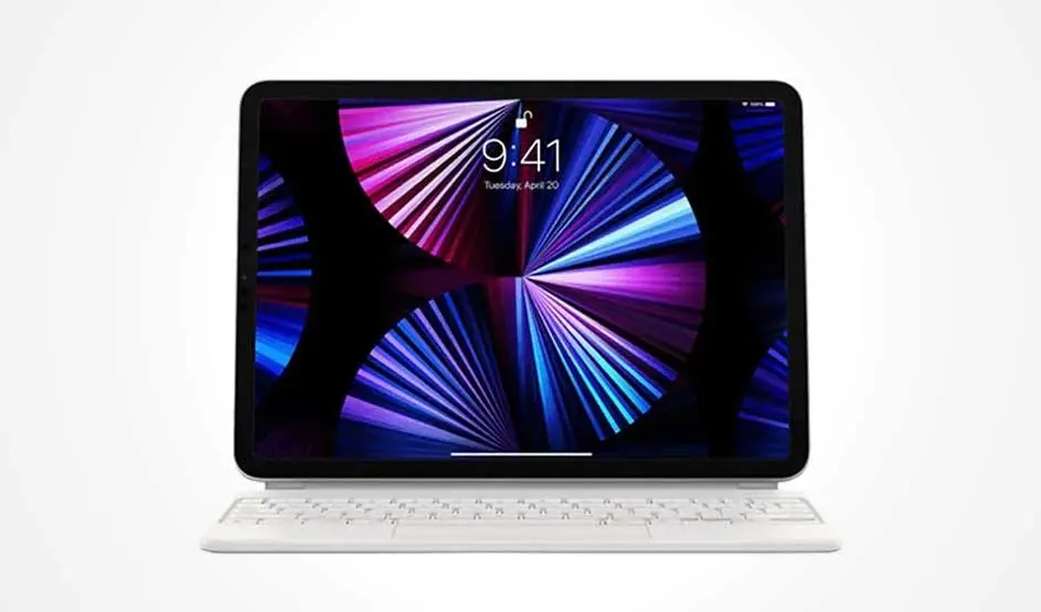 Een iPad met een wit toetsenbord op een witte achtergrond. Het scherm toont een abstract patroon in blauw, paars en zwart. De tijd is 9:41.