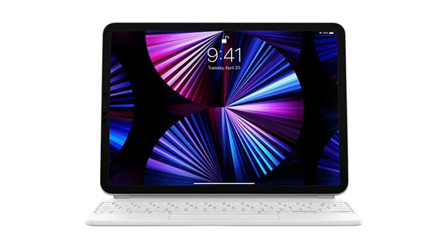 Un iPad avec un clavier blanc affiche un écran de verrouillage coloré avec l'heure à 9:41 sur un fond blanc.