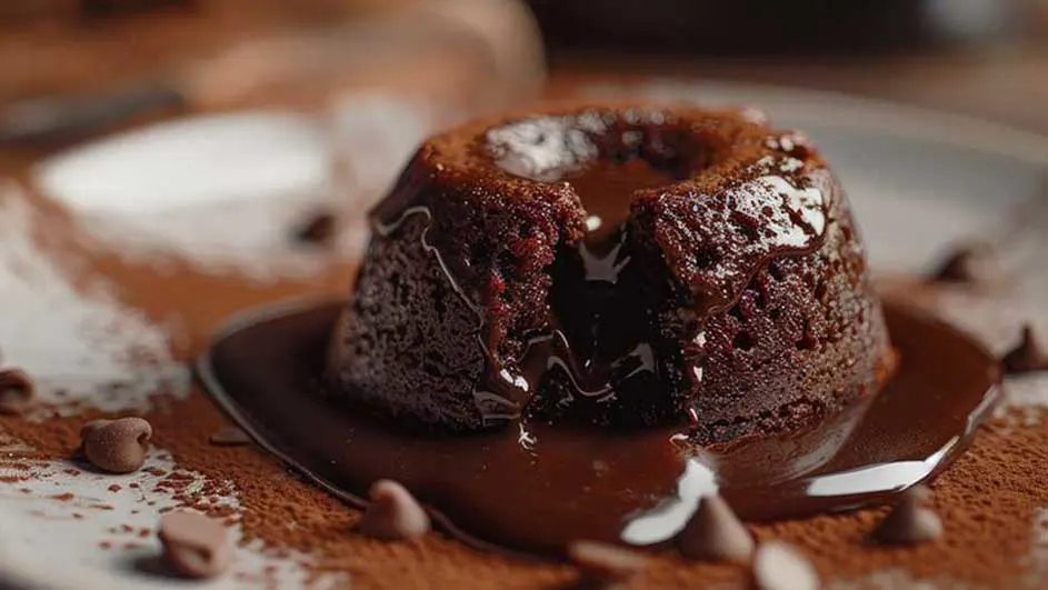 Un gâteau au chocolat coulant est présenté sur une assiette, avec du chocolat fondu qui s'en écoule. Des pépites et de la poudre de cacao l'entourent.