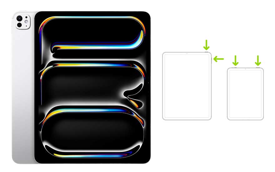 Tablette grise avec triple écran noir aux reflets colorés. Deux schémas de tablette avec des flèches vertes.