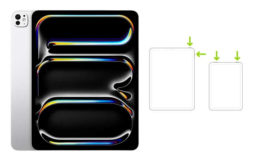 Tablette grise avec triple écran noir aux reflets colorés. Deux schémas de tablette avec des flèches vertes.