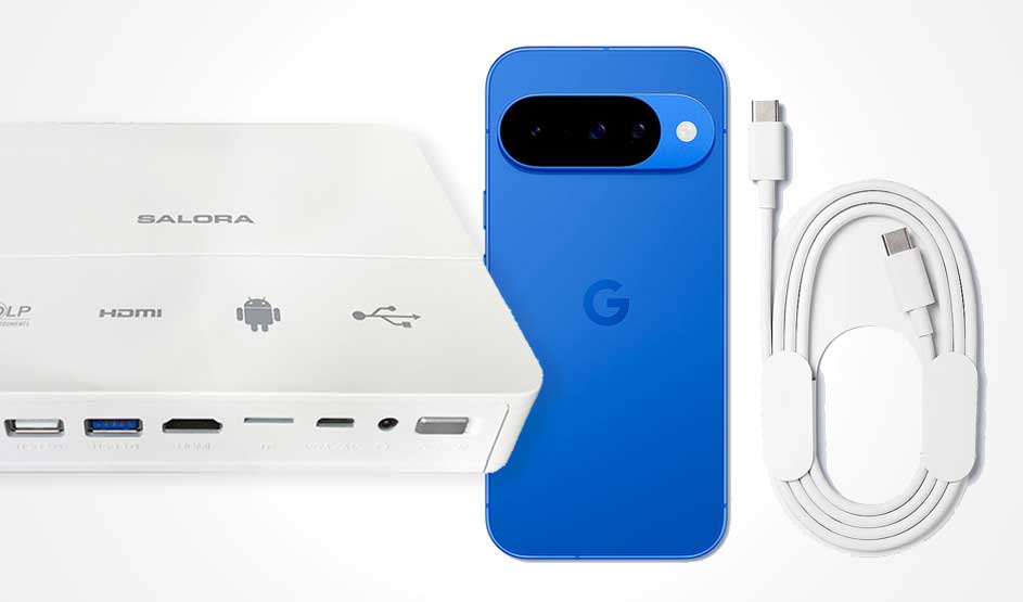 Witte projector of adapter naast een blauwe smartphone, met kabel en aansluitingen zichtbaar voor HDMI, USB en voeding.