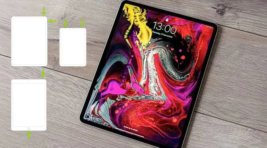 Een iPad met een kleurrijk scherm staat op een houten tafel, naast drie witte rechthoeken met groene pijlen.