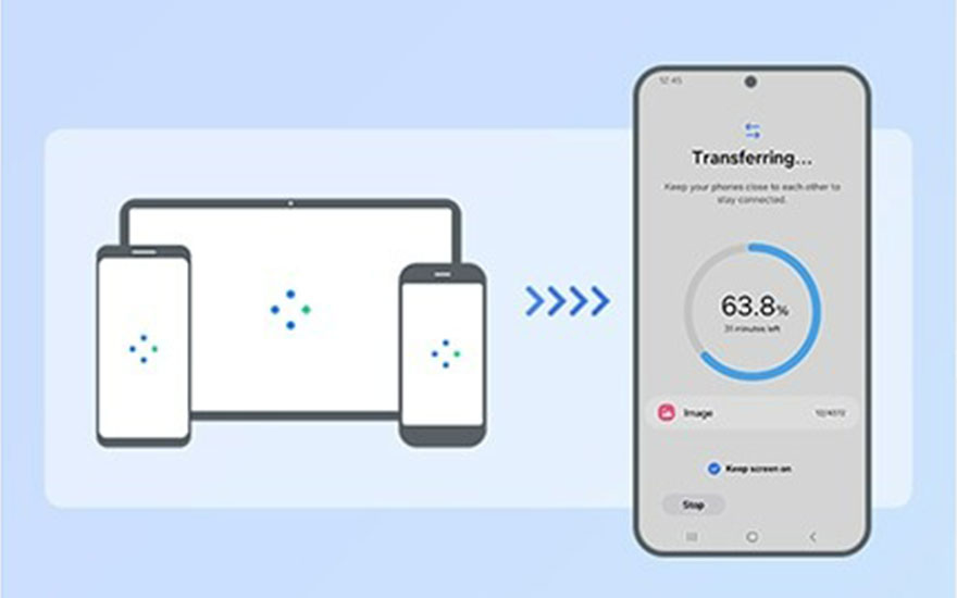 Transfert de données entre un smartphone, une tablette et un autre smartphone, affichant une progression de 63,8%.
