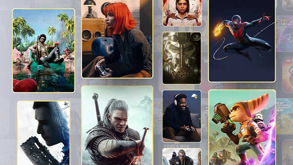 Neuf images de jeux vidéo, y compris des personnages de Far Cry, The Witcher, Spider-Man et Ratchet & Clank.