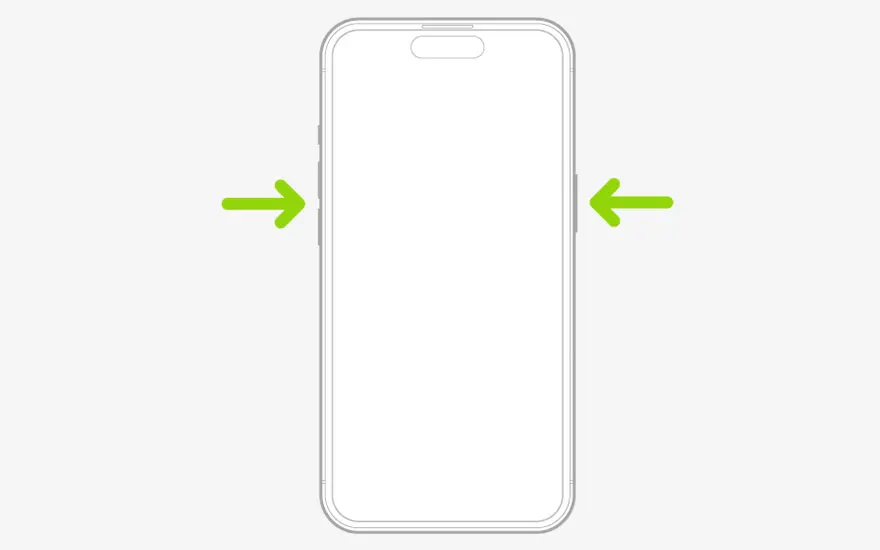 Un schéma de smartphone gris montre des flèches vertes pointant vers les boutons latéraux sur un fond blanc uni.