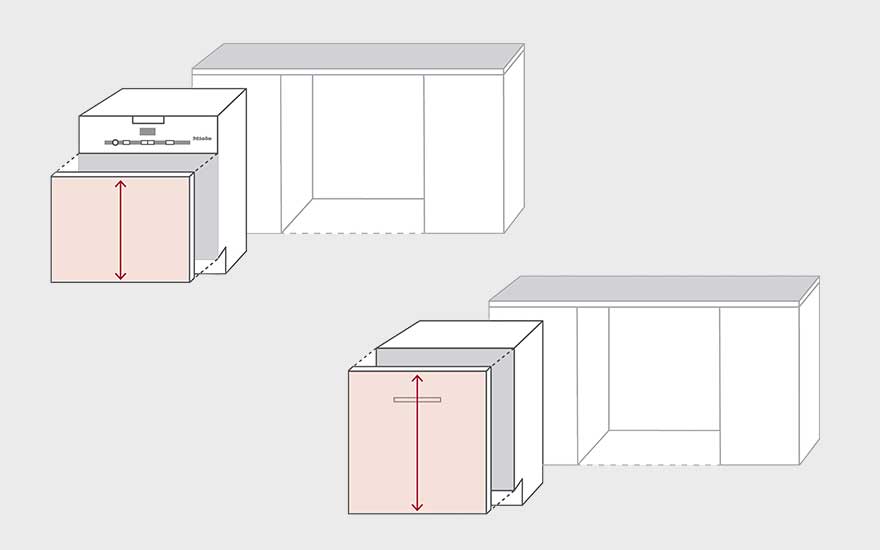 Diagram shows kitchen units: a dishwasher with arrow indicating height adjustment, and a cabinet.