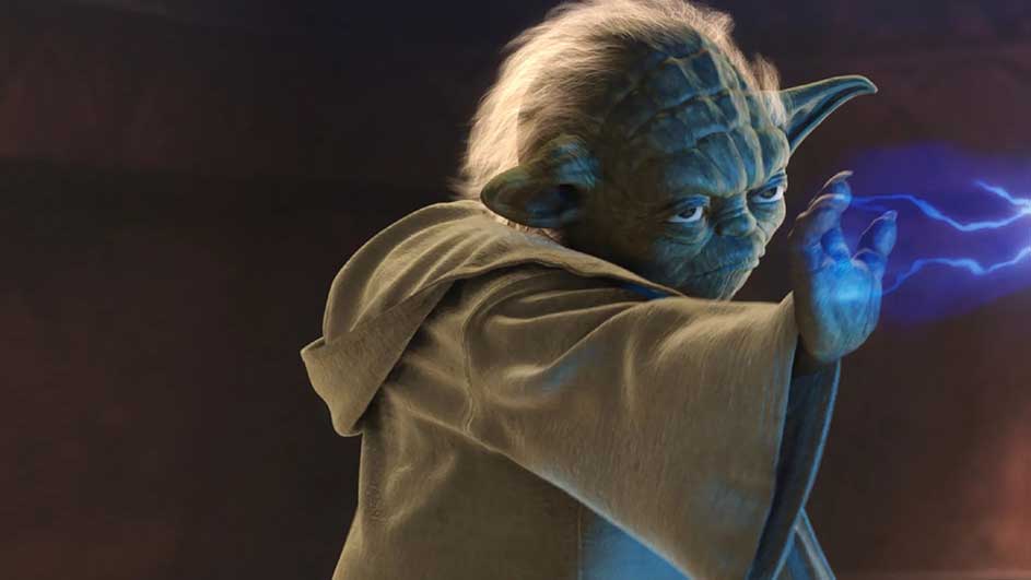 Een groene figuur in een bruine mantel houdt een hand omhoog met blauwe bliksem eromheen, tegen een donkere achtergrond.