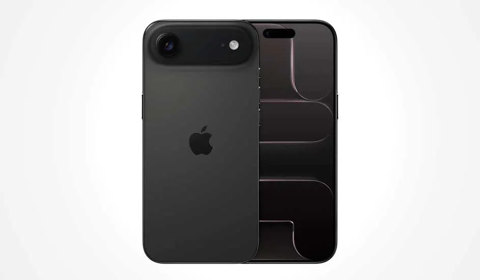 Twee zwarte Apple iPhones staan naast elkaar: één toont de achterkant met logo en camera, de andere het moderne scherm met abstract patroon.