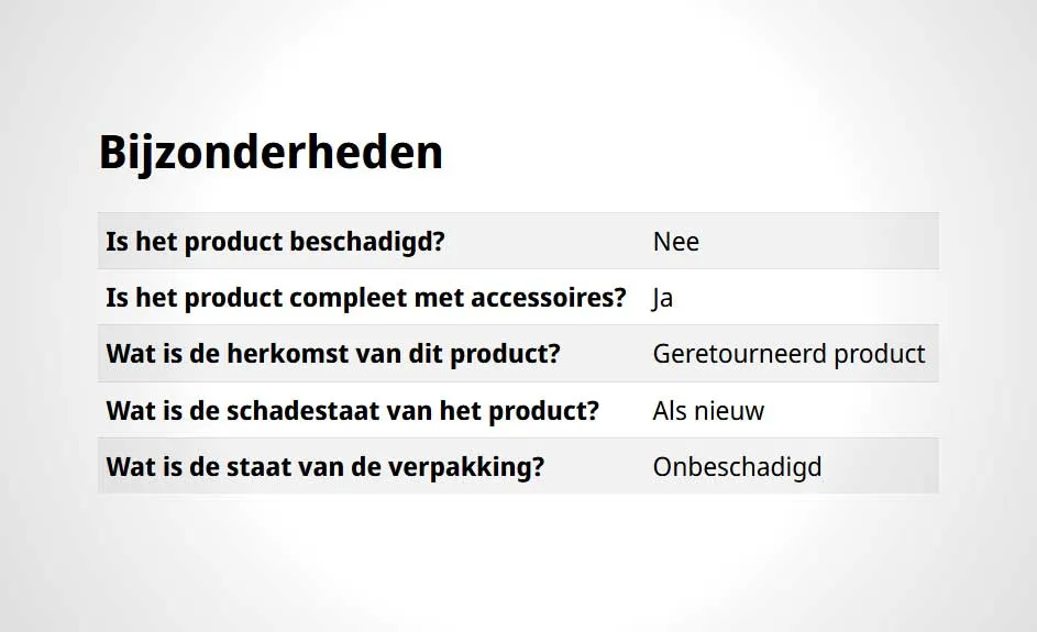Tekst toont productdetails: niet beschadigd, compleet met accessoires, geretourneerd, als nieuw, onbeschadigde verpakking.