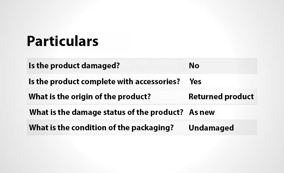 White background with black text showing a product information table. Text includes questions and answers about product condition.