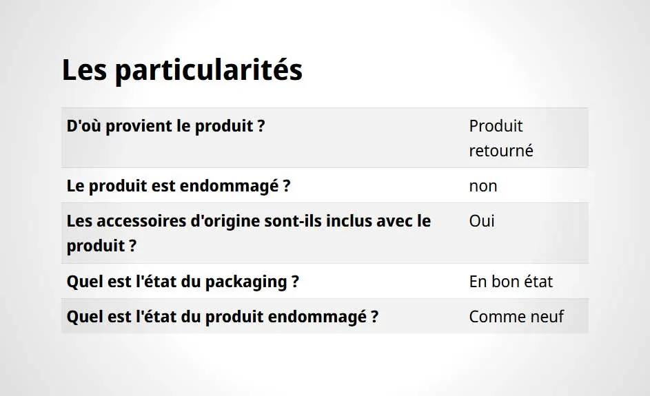 Tableau blanc avec texte noir listant les particularités d'un produit, y compris son état et ses accessoires.