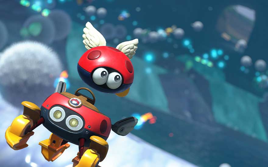 Deux robots rouges et noirs flottent devant un fond bleu avec des sphères floues.