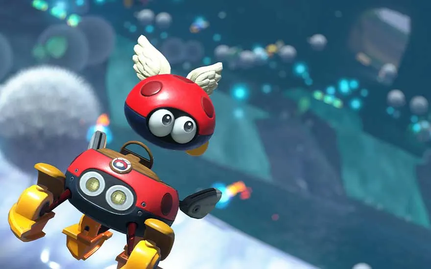 Deux robots rouges et noirs flottent devant un fond bleu avec des sphères floues.